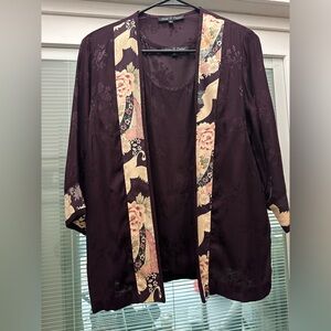 Elegant Purple Kimono Jacket with Floral Accents and matching sleeveless top